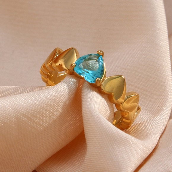 18K Gold Plated Light Blue Heart Zircon Ring Stainless Steel - Picture 4 of 8